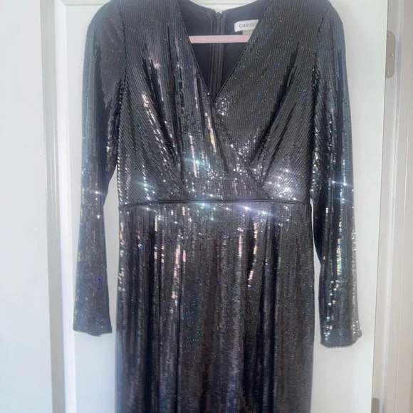 calvin klein long sleeve formal dresses Calvin Klein Scuba Crepe Dress with Chiffon Bell Sleeves Indigo 2 at Amazon  Women's Clothing store